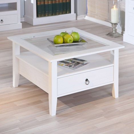 Tavolino salotto bianco in legno massello con ripiano in