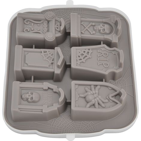 Moule à Glace 6 Cases Gris en Silicone, Forme Tombale Horreur, Facile à Nettoyer pour Gâteaux d'Halloween (1/5)