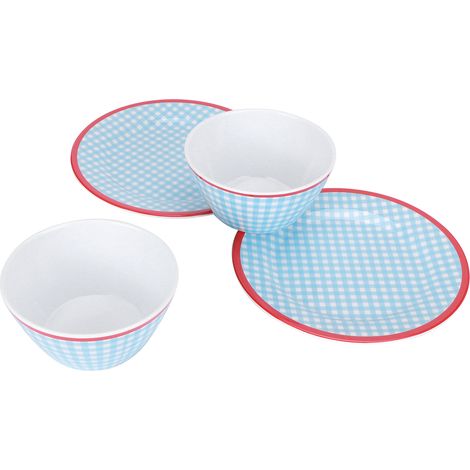 Ensemble de 4 assiettes à salade en porcelaine imitation bleu clair à motif quadrillé.