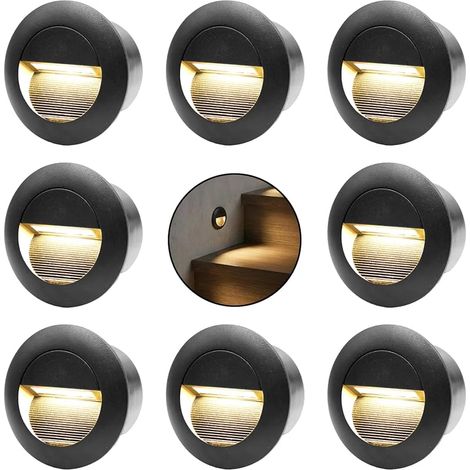 3W Applique Encastré Murale, Lumières d'escalier rond 65mm, Blanc chaud applique avec boîte encastrée, 230V eclairage mural alu etanche escalier encastrable marchepied, noir（Paquet de 8） (1/5)