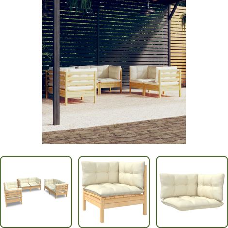 Terrassensofa - 6-tlg. Garten-Lounge-Set mit Creme Kissen Massivholz Kiefer (1/5)