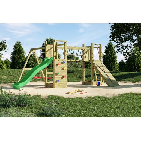 Maxi Fun with Green Slide - Pressure Treated Wood- Outdoor Play Set - L396 x W285 x H272 cm (1/4)