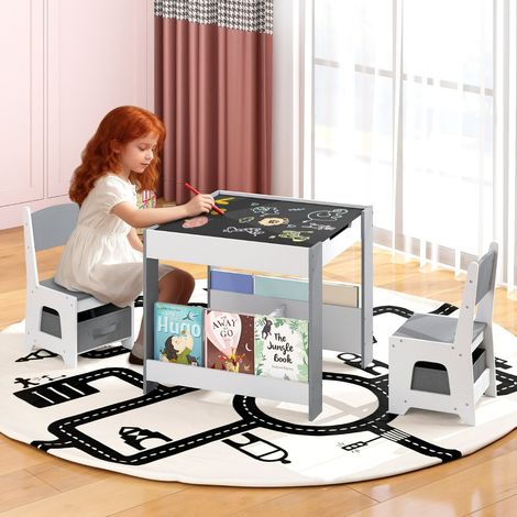 Ensemble Table et Chaises pour Enfants Bureau d'Activités en Bois pour Tout-Petits avec Plateau Réversible Bibliothèques & Tiroirs Gris (1/3)