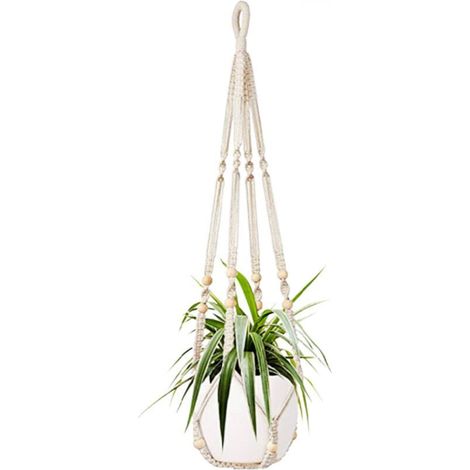 [NON UTILIZZATO] Cestino sospeso per piante da interno in corda di cotone bianca, 85 cm, con perline di legno, per decorazione d'interni, ganci non inclusi.