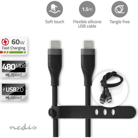 Cable usb usb 20 usb c macho usb c macho 60w 480mbps niquelado 150 metros redondo silicona negro caja