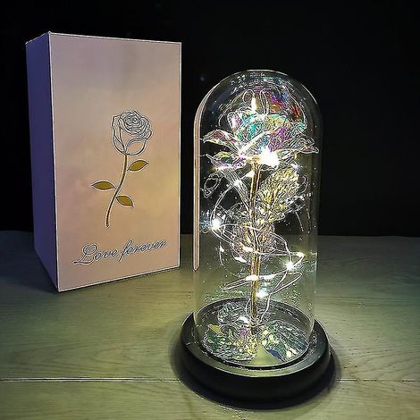 Rose éternelle sous cloche en verre, feuille d'or, avec lumière LED chaude - Idée cadeau de Noël (1/2)