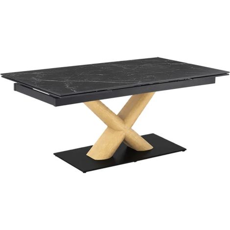 Table extensible 160 à 240 cm céramique noir marbré pied central X plaqué bois clair - INDIANA 13 (1/5)