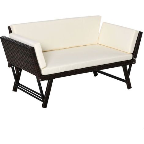 Salon de jardin 130x60x70, canapé 2 places pliable ensemble détente extérieur, résine tressée acier marron, avec accoudoirs. (1/5)
