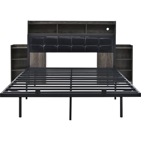 Letto matrimoniale 140x190 cm con rete, testiera, 2 comodini estraibili, ricarica USB e USB-C, LED integrato e contenimento, grigio, per camera moderna CHICFURN (1/5)