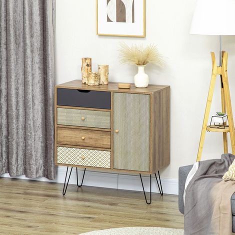 Kommode mit 4 Schubladen und 1 Schrankfach – geschwungene Beine im Bohème-Stil, 79 x 39 x 86 cm, braun