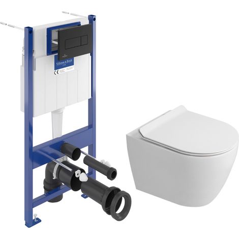 WC-Set Vorwandelement Boden-Wand + WC spülrandlos Ceramia PixL mit SoftClose-Sitz + schwarze Platte (VBCEPXWT01-IN)