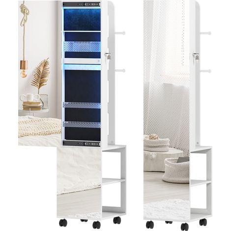 Armoire à bijoux sur pied pivotante 360° avec miroir, éclairage LED, meuble de rangement blanc 37x40x165,5cm, intérieur noir. (1/5)
