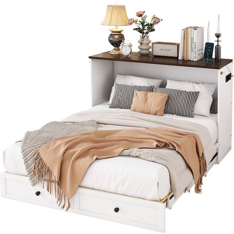 CAIziLit armoire 140 x 200, lit armoire mobile avec tiroirs au pied du lit et étagère à la tête du lit, avec USB et prise, lit plateforme convertible, sans matelas, blanc (1/5)