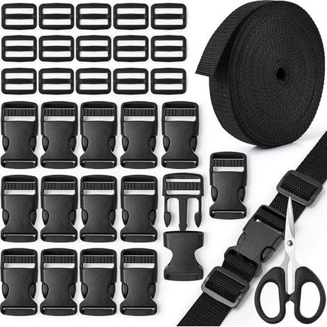 10M Sangle Nylon 20mm 25mm 32mm avec 15 Boucle Plastique Clip et 15 Tri-Glide Curseur Plastique,Boucle Plastique Clip Fermoir pour Sangle, Clips de Boucles Réglables pour Sac à Dos Bagages, Taille: 25 (1/5)