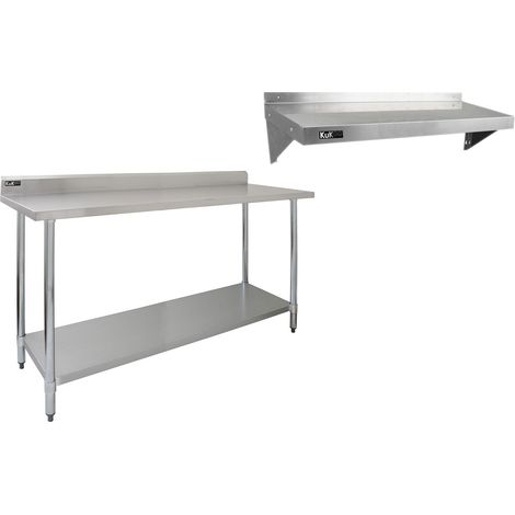Ripiano con 2 Mensole a Muro per Tavolo in Acciaio Inox da Cucina Ristorante, Acciaio Inossidabile Resistente alla Corrosione per Albergo Bar Hotel Catering Pub Tavolo 180cm Mensole da 125cm