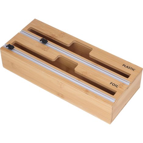 Boîte de rangement pour sachets de conservation, coffret en bambou pour sacs alimentaires, tiroir de cuisine en bois avec coupe-film adhésif (compartiment double). (1/5)