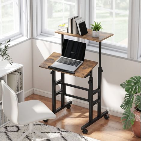 MEUBLIV Bureau réglable en hauteur 60 x 60 cm brun rustique avec étagère et roulettes (1/5)