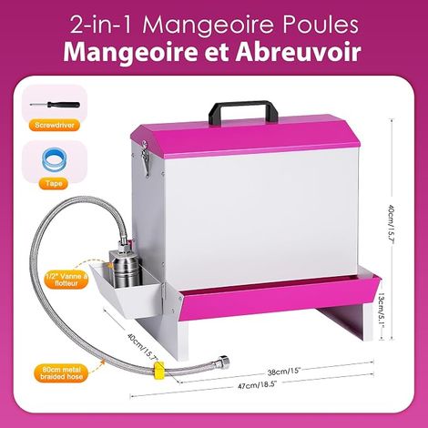 Mangeoire Poules en Métal, Distributeur Eau et Graines Poules Distributeur Graines, Gamelle Surélevée, pour Plusieurs Poulets et Canards (1/4)