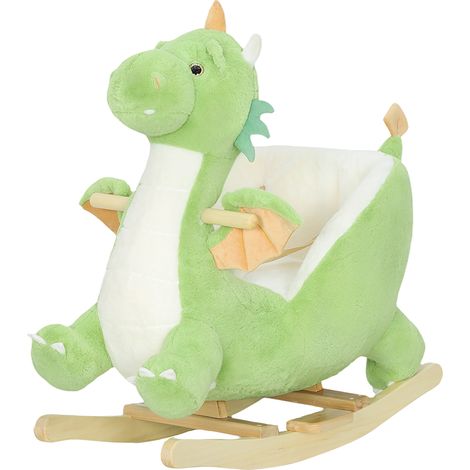 Cheval à bascule en peluche pour bébé avec base en bois et son de dragon, vert, pour les enfants de 18 à 36 mois. (1/5)