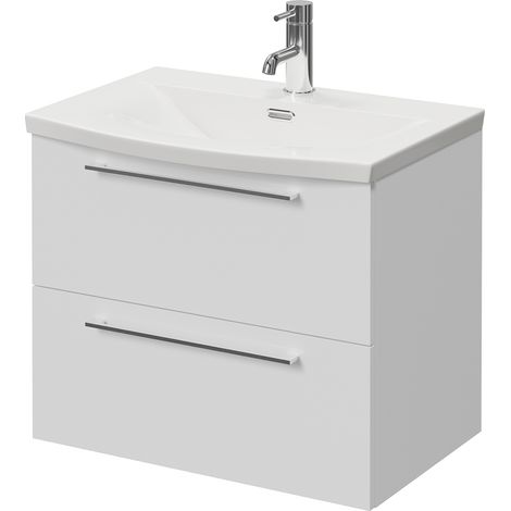 Napoli 390 Gloss White 600mm Wall Mounted 2 Drawer Vanity Unit with Arc Basin - 600mm - Chrome 320mm Handle