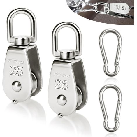 4 Pièces Comprenant 2 Pièces M25 Et 2 Pièces Mousquetons M6, Poulies Pour Cordes, Poulie En Acier Inoxydable, Capacité De Charge 150 Kg Pour Auvent, Treuil De Fitness (1/5)