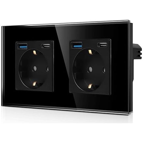 Dual socket with 4 USB ports (20W fast charging) - 2 × (Type C and USB-A) - Double Schuko Recessed Glass Socket - Black Wall Socket with Child Lock (1/5)