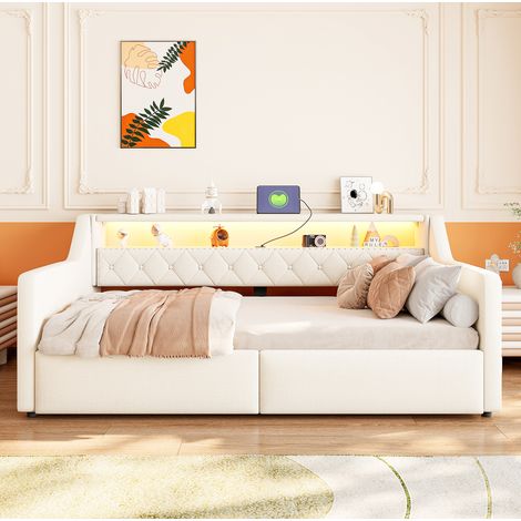 Stauraumbett 90 x 200 cm mit LED-Lichtleiste, USB und Typ-C, Beige OKMYHOME (1/5)