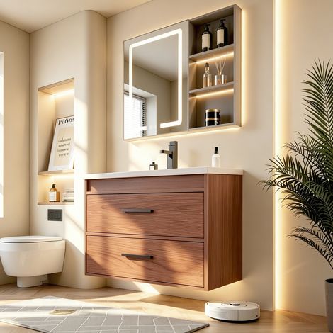 Meuble salle bain 75cm rouge brun, grand rangement 2 tiroirs, meuble vasque pratique, salle d'eau design, finition chaleureuse et élégante (1/5)