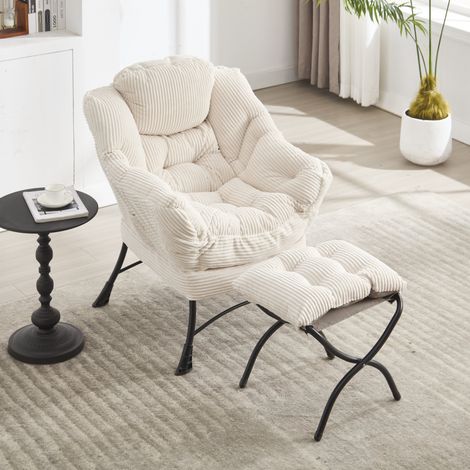Relaxsessel mit Hocker 70x64x95 cm Weiß aus Stahl und Flanell mit Seitentasche (1/5)