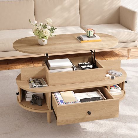 Couchtisch höhenverstellbar oval 105x50x60,5 cm - wohnzimmertisch mit hubfunktion stauraum schublade und schiebetüren aus mdf und holzbeinen - natur (1/5)