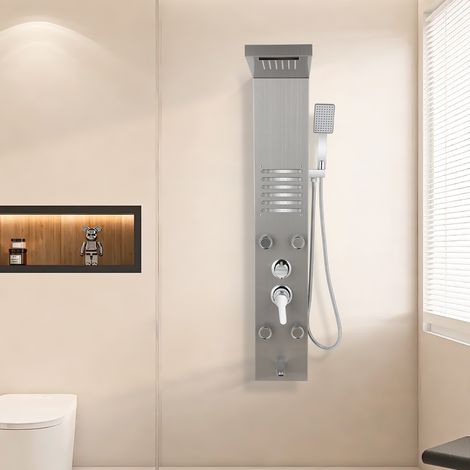 TolleTour Colonna doccia in acciaio inox 304 spazzolato, getto a pioggia, cascata e 5 getti
