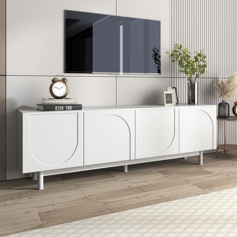 Meuble TV avec 4 Portes, Conception arquée, Meuble Télé avec Rangement, Armoire polyvalente, Meuble TV pour Salon, Chambre, 175 x 38 x 56 cm, Blanc (1/5)