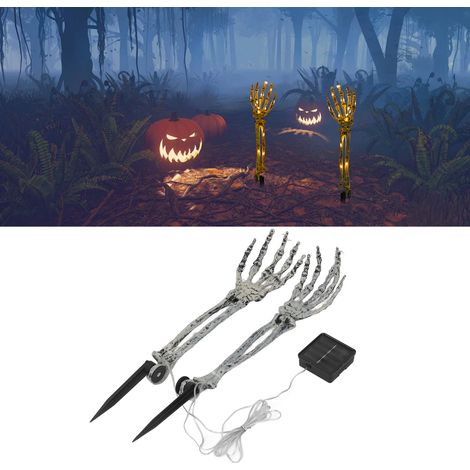 1 paire de piquets en forme de bras de squelette, guirlande lumineuse LED solaire en fil de cuivre, mains effrayantes pour décorations d'Halloween lumineuses (1/5)