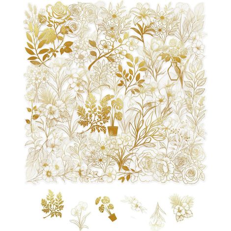50 Autocollants Plantes Dorées Transparent PET, Stickers Imperméables Feuilles Or, Autocollants Fleurs Feuilles pour Bouteille Ordinateur Téléphone Scrapbooking Décoration (Plantes Dorées) (1/5)