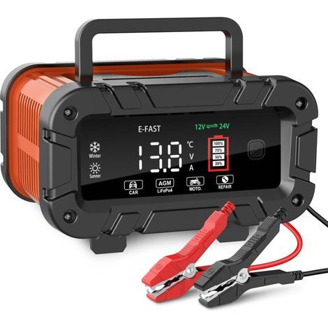 Smart battery charger, 12V/24V, with automatic repair function, LCD screen, 7-level automatic charging, red. (1/5)
