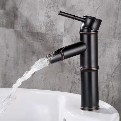 Hohe Bambusarmatur, Einhebel-Wasserfall-Waschtischarmatur, Einlocharmatur für Warm- und Kaltwasser, bronzefarbene Badezimmerarmatur, 3 Anschlüsse (1/5)