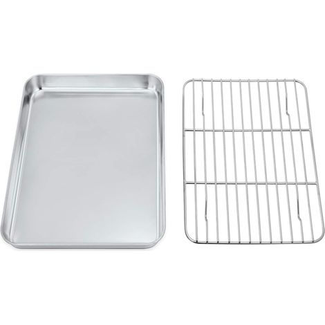 Lot Plaque de Cuisson et Grille Refroidissement Inox 23,6 x 17,8 cm, Mini Four, Four et Barbecue, Antiadhésif (1/5)