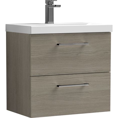 Balterley 600mm Wall Hung Bathroom 2 Drawer Vanity Unit and 1 Tap Hole Ceramic Basin, Woodgrain Mid Oak with Brushed Pewter Handles