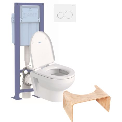 Pack inodoro suspendido compacto sin aro DURAVIT Asiento freno caída Duravit nº1 + estructura soporte SIAMP + Placa blanca + taburete