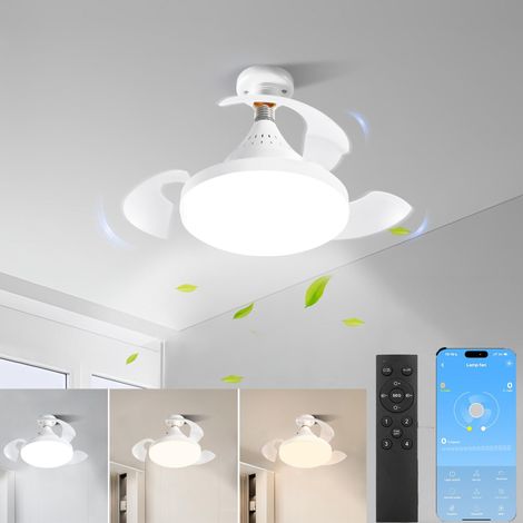 LED Ceiling Fan with Remote Control, Retractable Blades, 4 Wind Speeds, App Control, 38cm, E27 Bulb Holder, White.