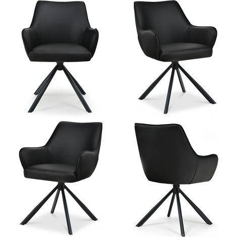 Bon Furni Kunstleder Esszimmerstuhl Schwarz, 4er Set, 360° drehbar, ergonomisch mit Federkern, unsichtbarem Reißverschluss & verstellbaren Füßen