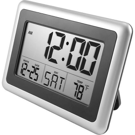 Digitale Wanduhr, großes LCD-Display, batteriebetrieben, Innentemperaturanzeige, Kalender, Tischgerät, Schlummerfunktion ohne Hintergrundbeleuchtung (silber) (1/5)