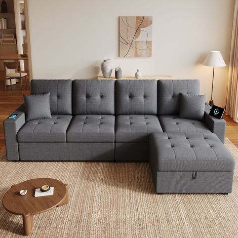 Divano angolare modulare con pouf contenitore, 253 x 144,5 x 80,7 cm, grigio scuro HAVRYA (1/5)