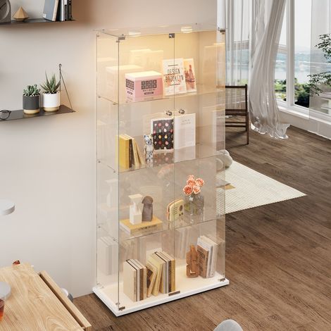 Vitrine en Verre Trempé 4 Étagères avec LED Réglable et 2 portes, Vitrine Armoire de Collection à Serrure, Vitrine Sur Pied Transparente 360°, 78.5x35x163cm, Blanc