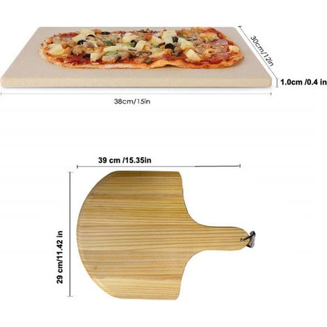 Pierre à pizza en bois avec pelle à pizza et spatule, résistante aux chocs thermiques, pour four et barbecue. (1/5)