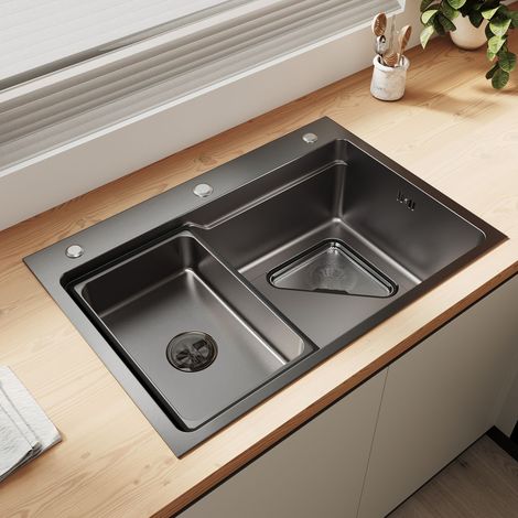 SIRHONA Évier 1 bac inox 304 noir à bord large, finition 3D grains de riz, 70x48 cm, égouttoir et grille triangulaire inclus