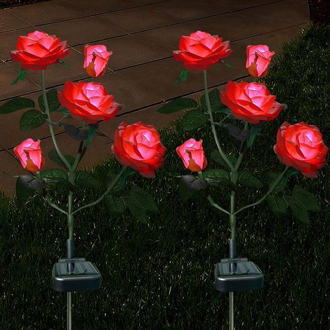 Lot de 2 roses solaires rouges résistantes à la pluie pour la décoration du jardin, de la cour, de la terrasse et des allées (1/5)