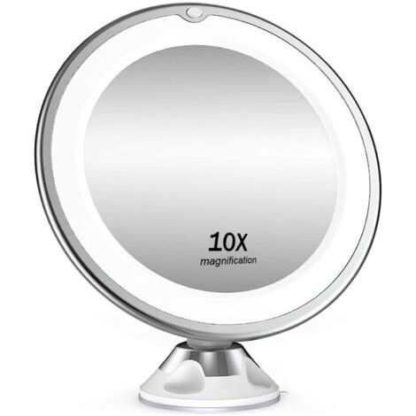 Miroir cosmétique grossissant x 10, éclairage LED, pivotant à 360°, miroir de rasage avec ventouse, pour la maison et les voyages, blanc (1/5)