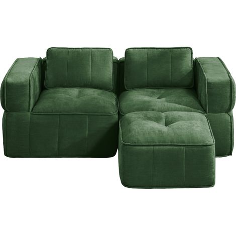 Canapé modulable deux places vert en tissu polyester, canapé d’angle avec pouf, assise profonde pour salon et appartement (1/5)