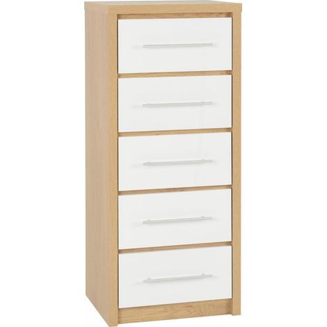 Seconique Seville White Gloss & Oak 5 Drawer Tall Narrow Chest (1/5)